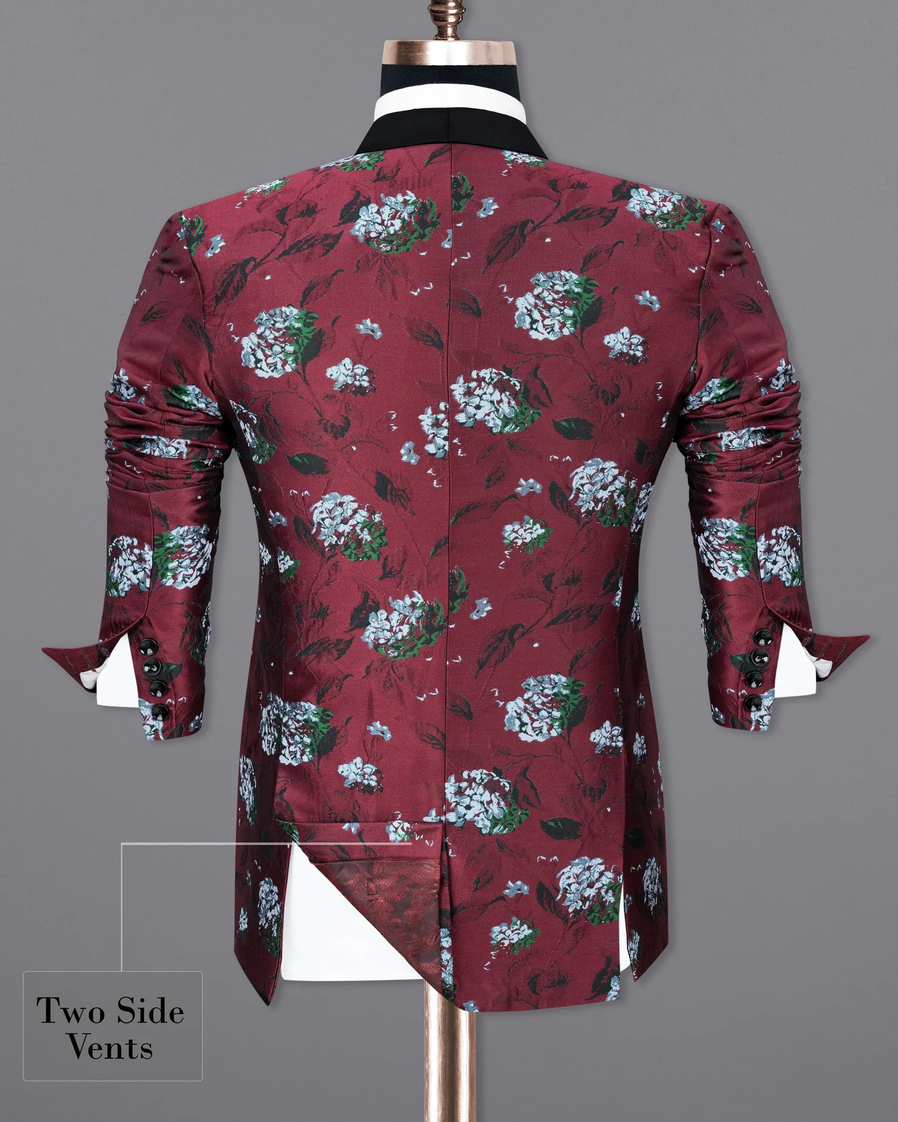 Aubergine Floral Printed and Textured Tuxedo Blazer