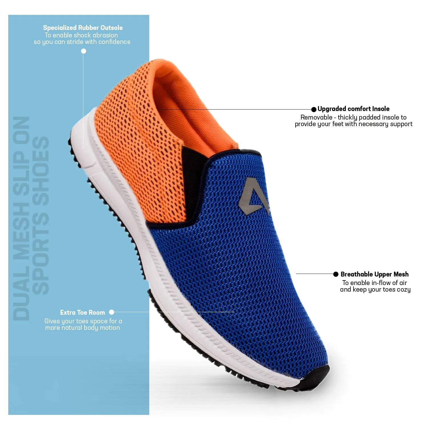 Avant Men's Dual Mesh Slip On Sports Shoes - Navy/Orange