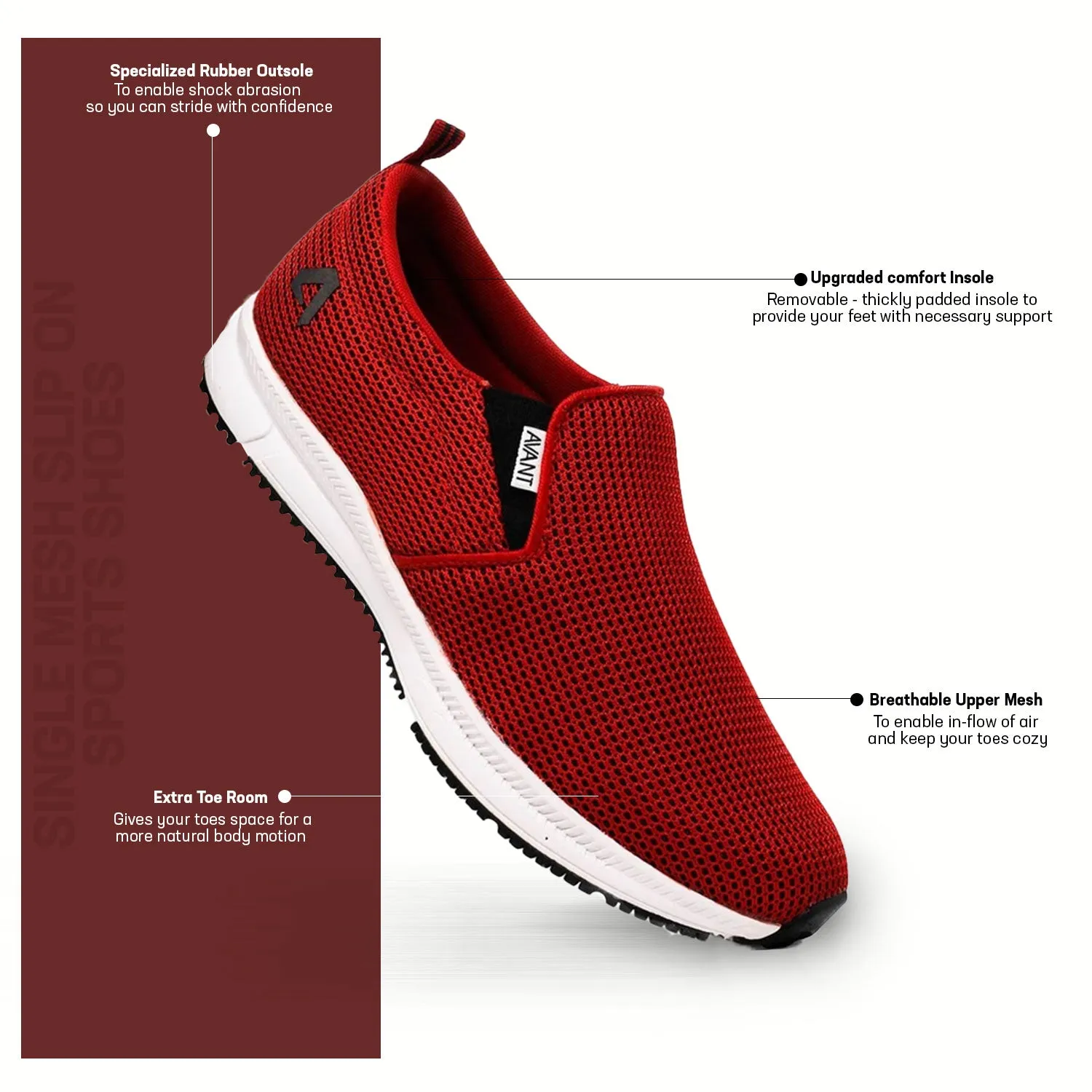 Avant Men's Single Mesh Slip On Sports Shoes - Red