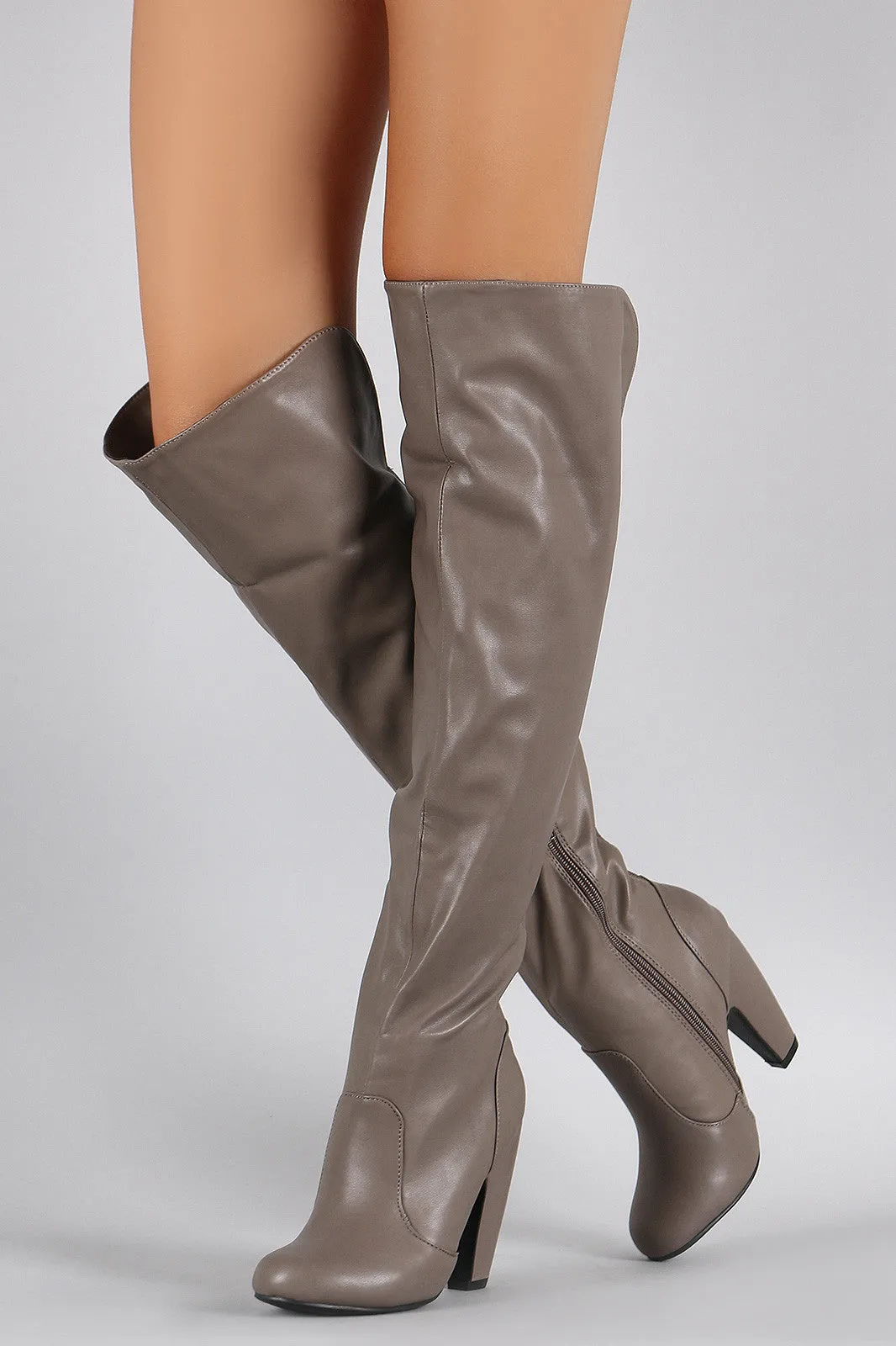 Bamboo Cuff Elastic Gore Chunky Heeled Knee High Boots