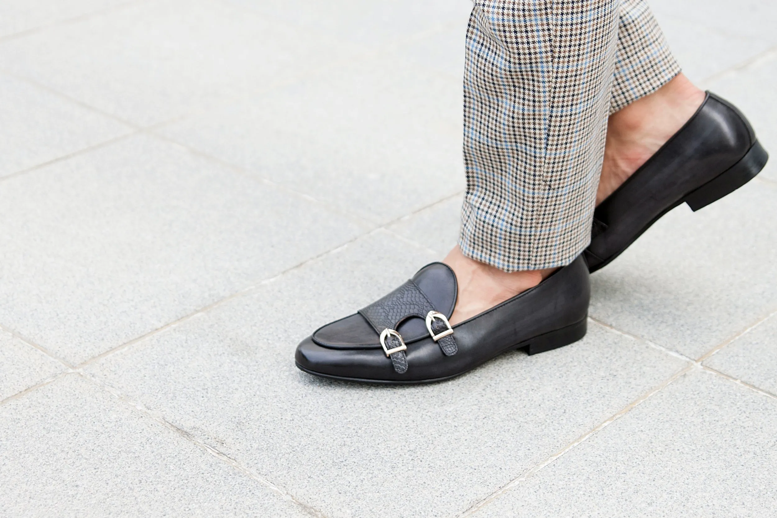 Belgian Loafer - Black Grey Snake Skin Double Monk Strap (Hand Painted Patina)