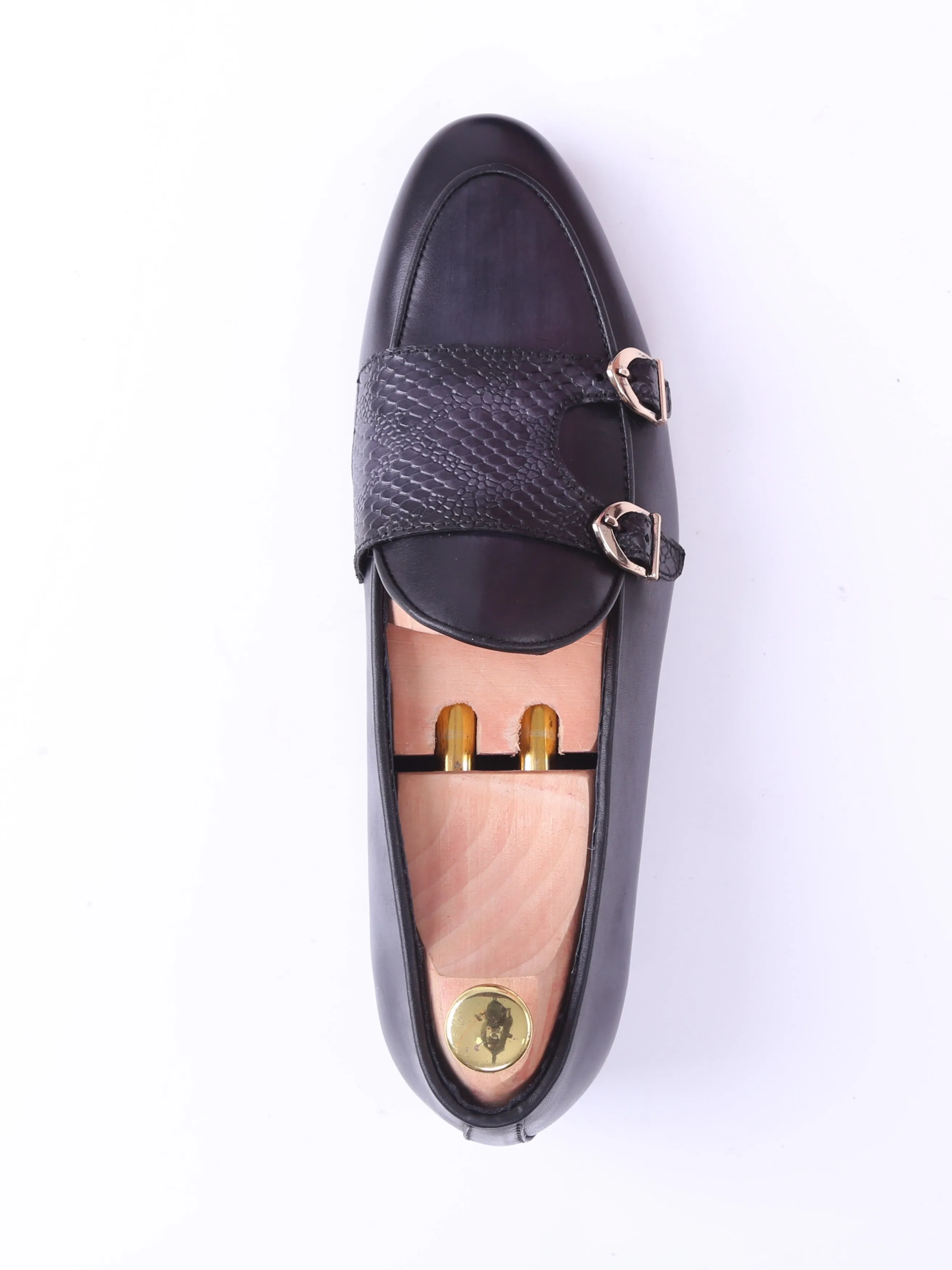 Belgian Loafer - Black Grey Snake Skin Double Monk Strap (Hand Painted Patina)