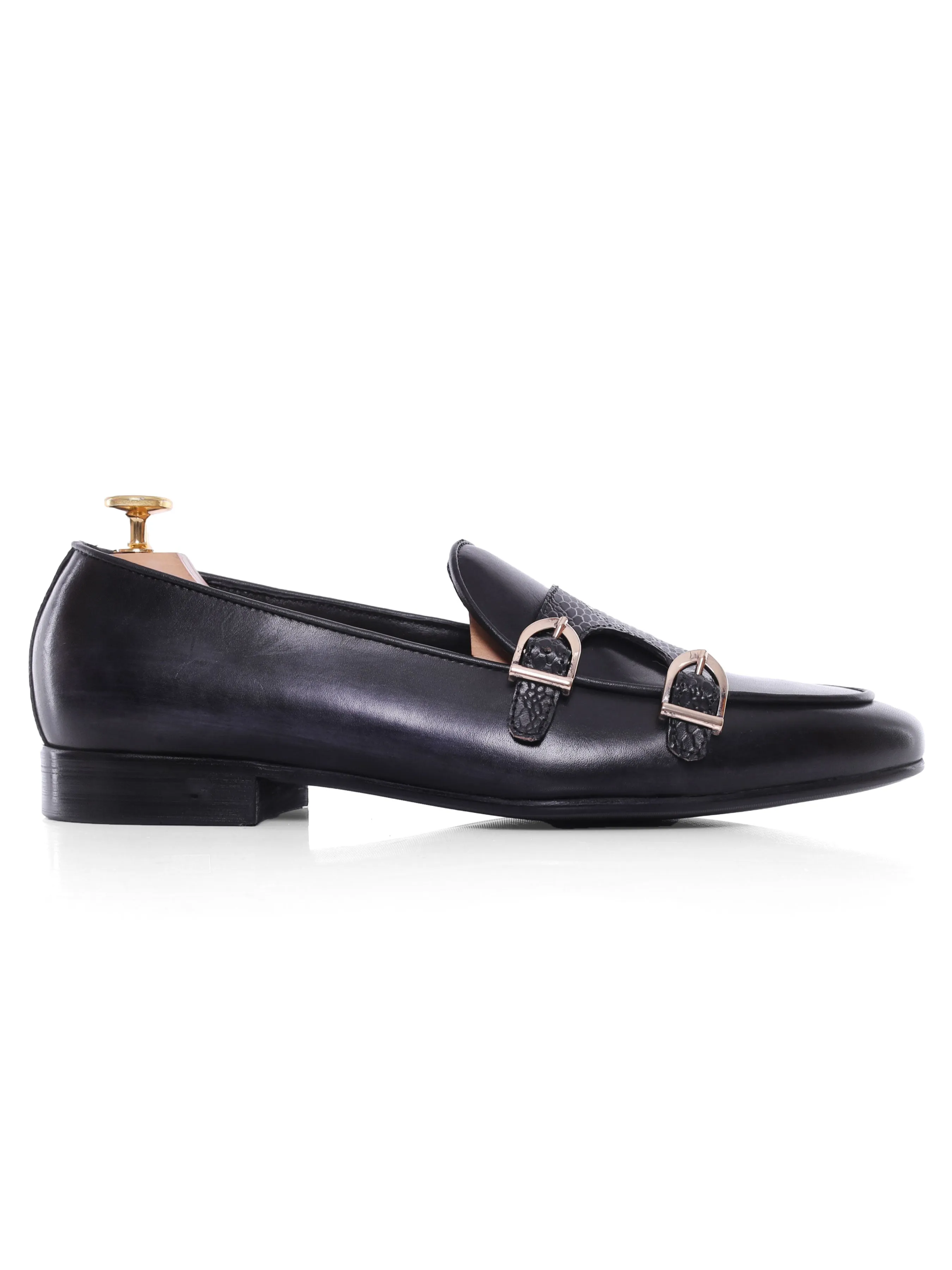 Belgian Loafer - Black Grey Snake Skin Double Monk Strap (Hand Painted Patina)