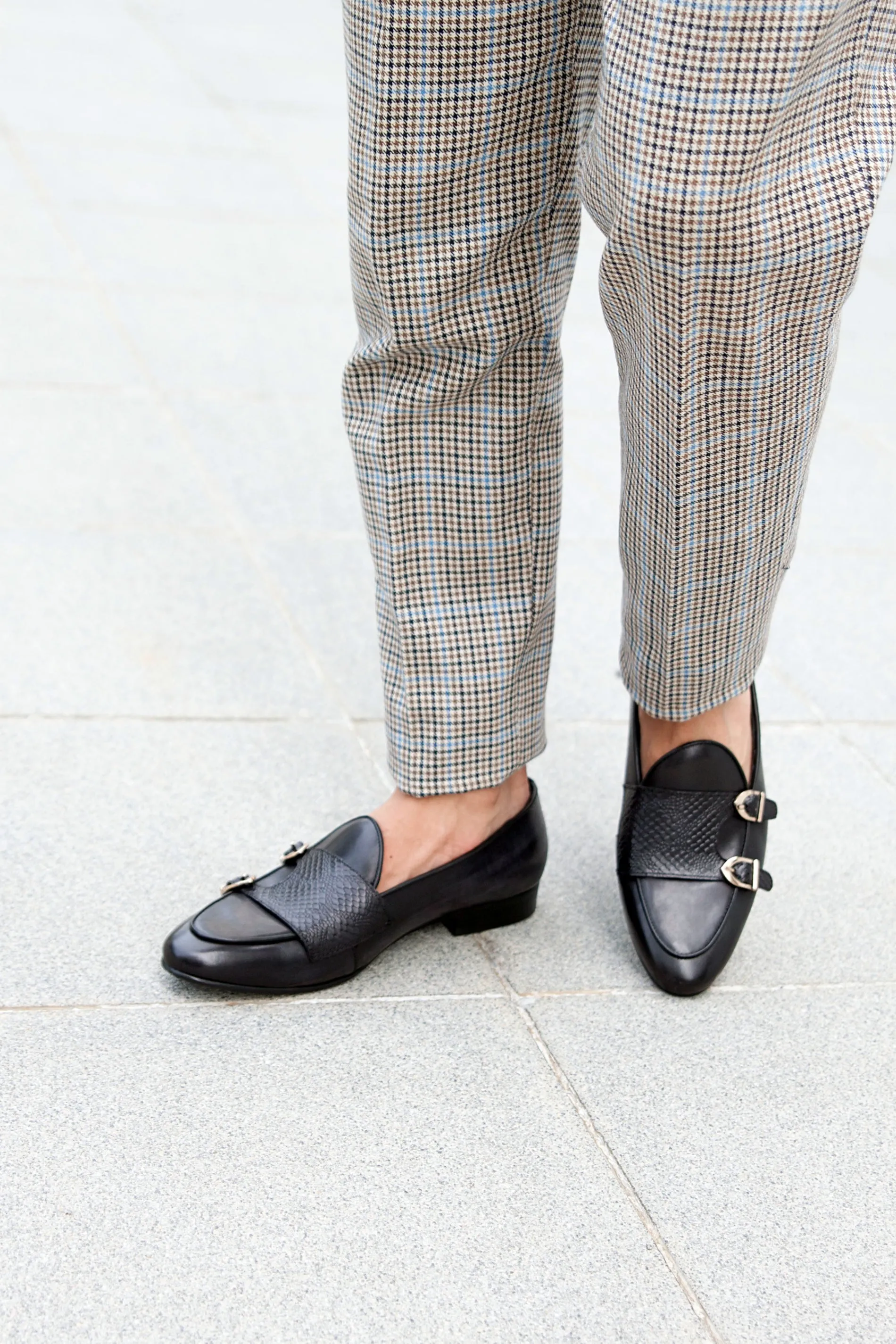 Belgian Loafer - Black Grey Snake Skin Double Monk Strap (Hand Painted Patina)