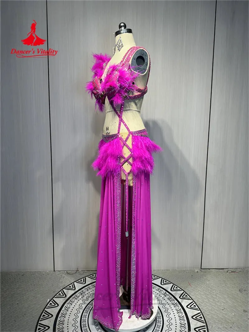 Belly Dance Costume Women's Customized High-end Feathers Rhinestone Dress Oriental Dance Professional High End Dance Skirt