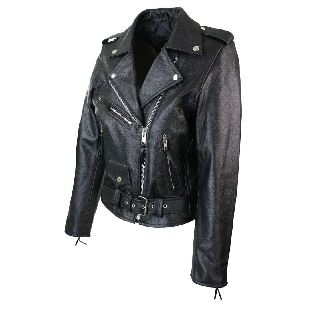 Brando Ladies Women Black Red White Classic Biker Motorcycle Motorbike Hide Leather Jacket