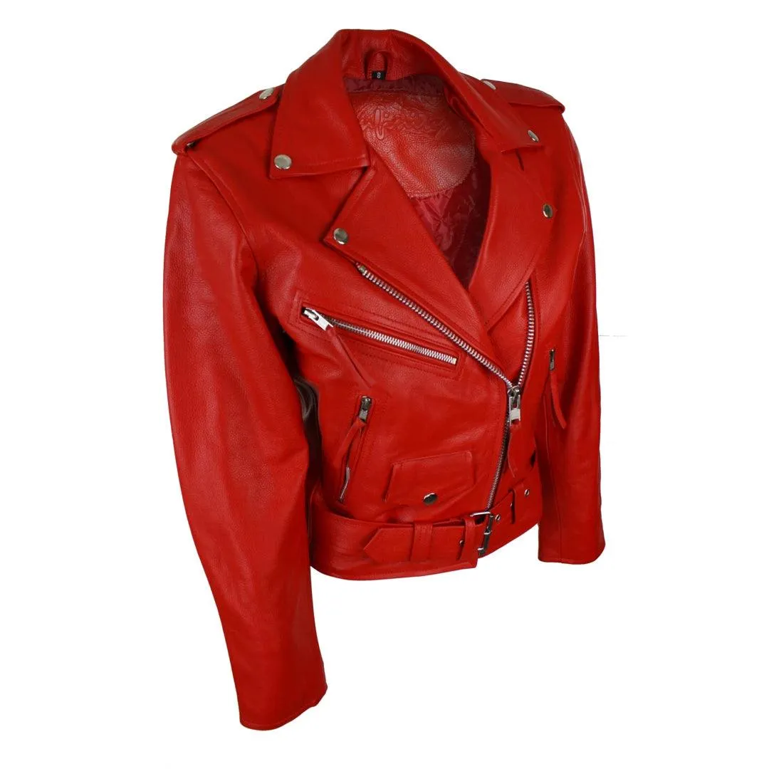 Brando Ladies Women Black Red White Classic Biker Motorcycle Motorbike Hide Leather Jacket