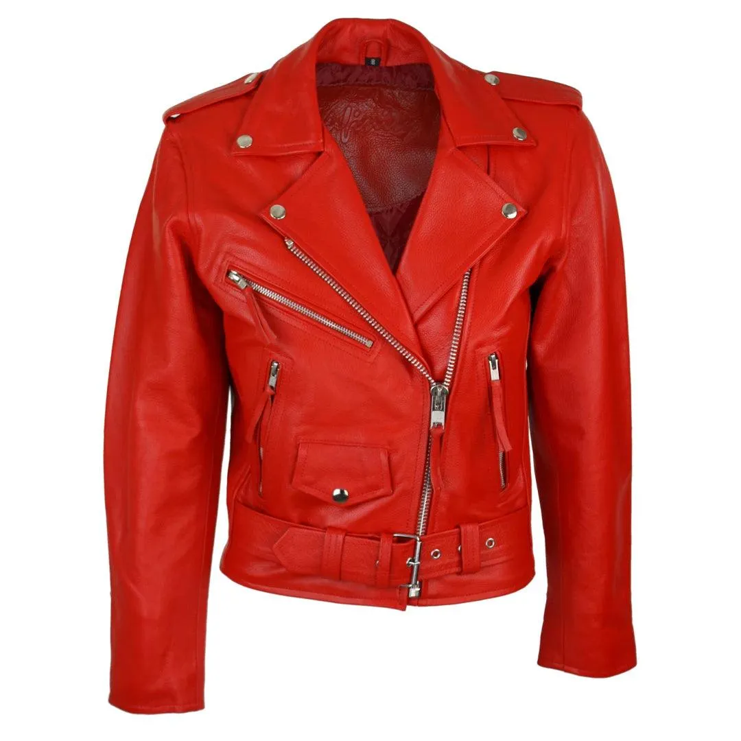 Brando Ladies Women Black Red White Classic Biker Motorcycle Motorbike Hide Leather Jacket