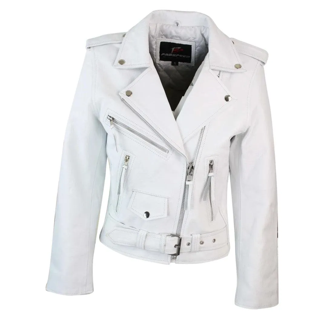 Brando Ladies Women Black Red White Classic Biker Motorcycle Motorbike Hide Leather Jacket