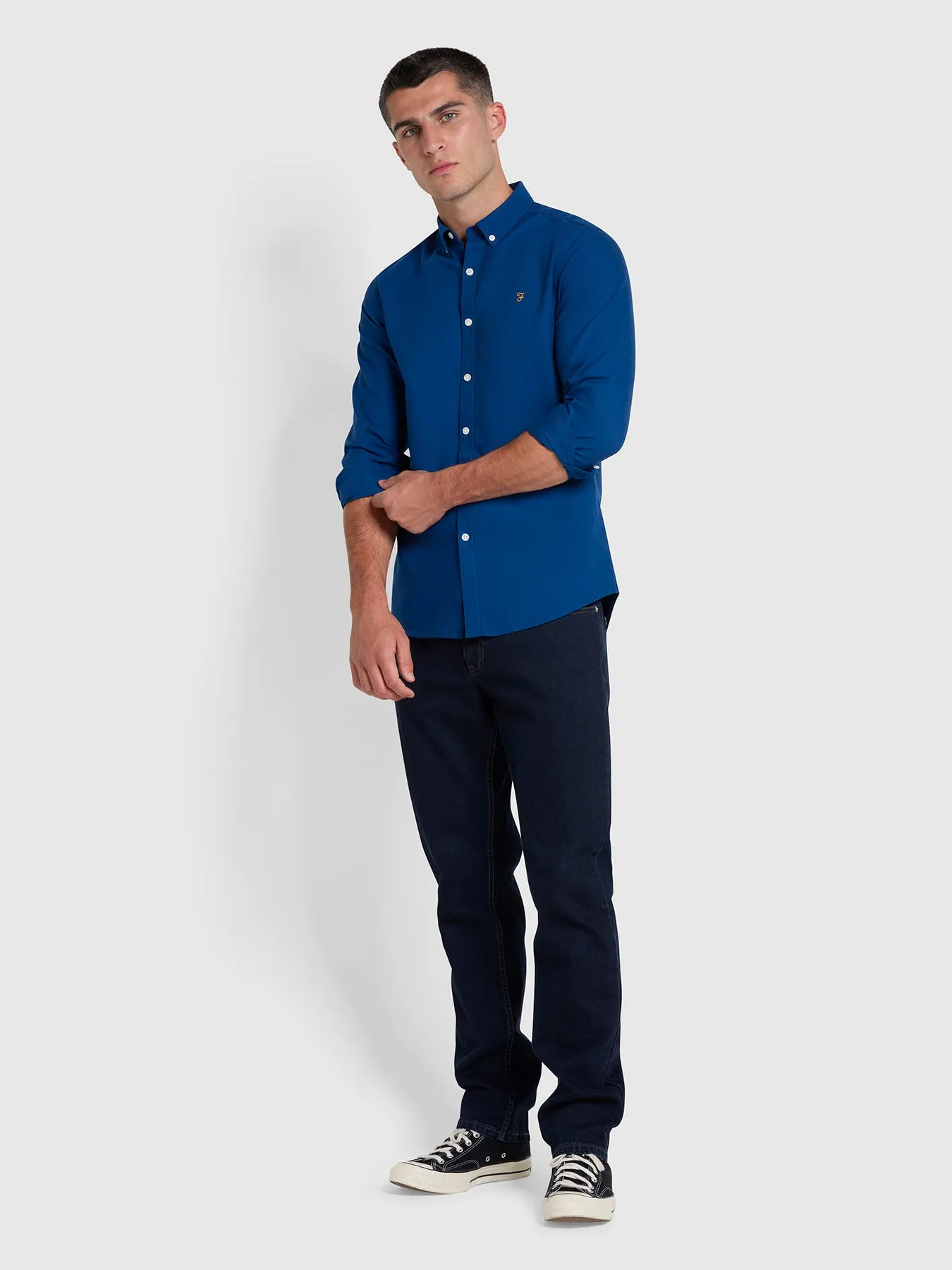 Brewer Slim Fit Organic Cotton Oxford Shirt In Blue Peony