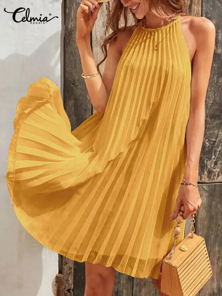 Celmia Women Summer Sleeveless Mini 2024 Party Straps Pleated Sun Casual Loose O Neck Short Robes Oversize Midi Dress