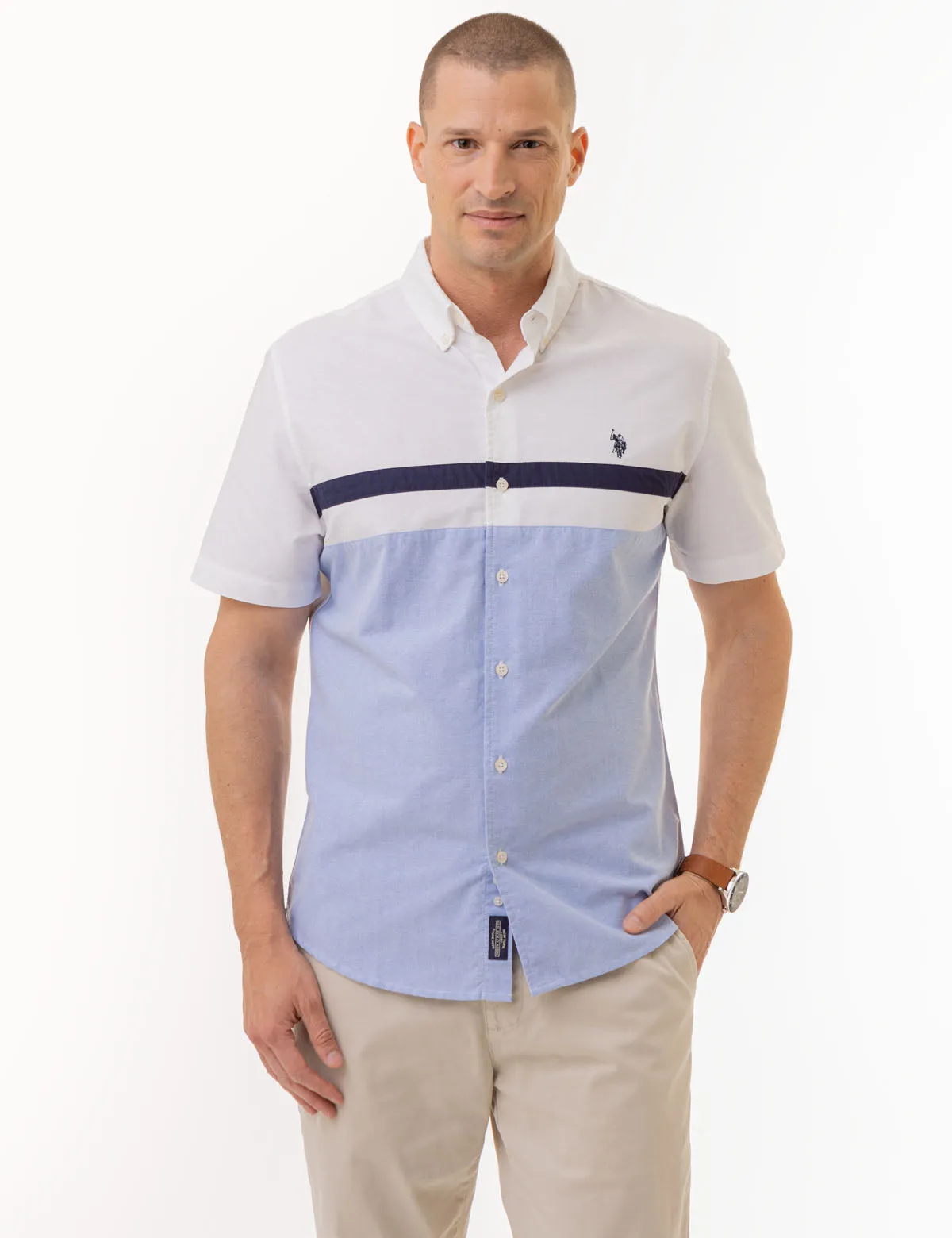 CHEST STRIPE SHORT SLEEVE OXFORD SHIRT