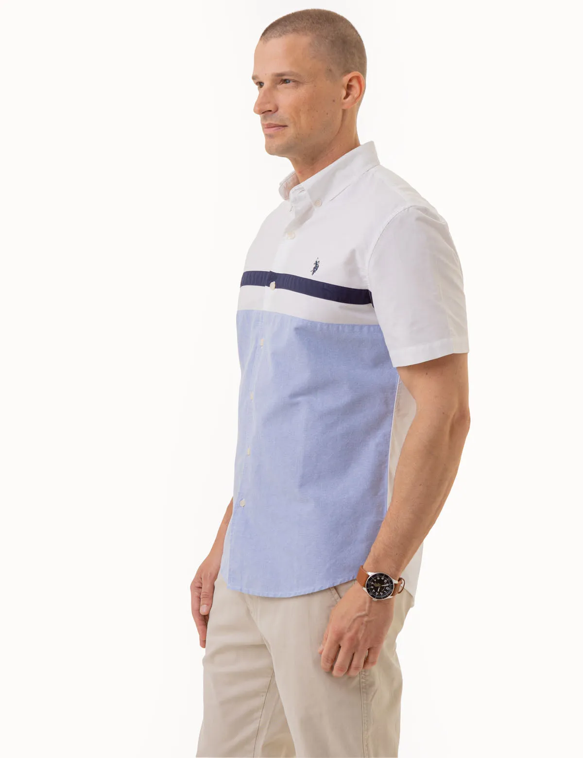 CHEST STRIPE SHORT SLEEVE OXFORD SHIRT