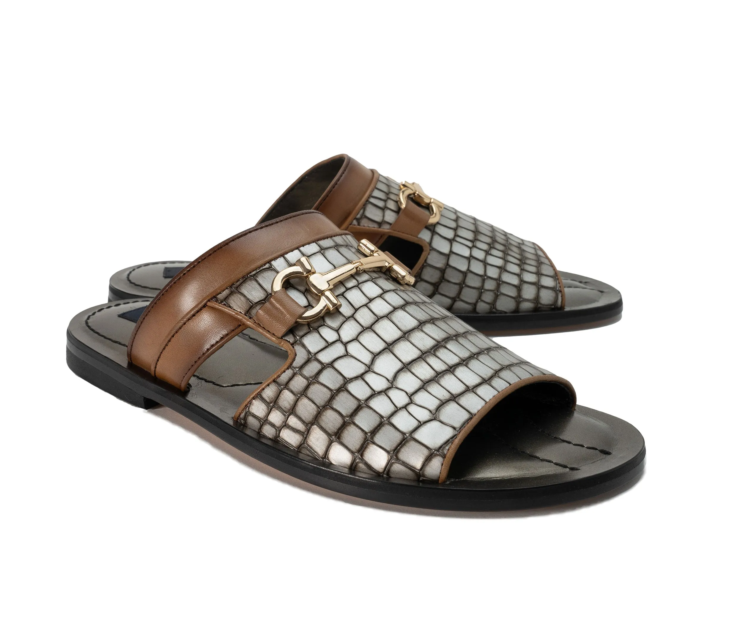 Corrente Crocodile Printed Calfskin Sandal Silver