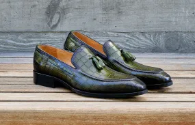 Crocodile Embossed Calfskin Slip-On Loafer Olive