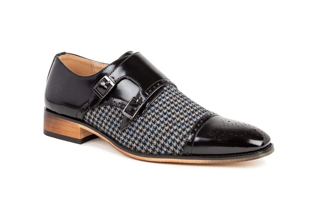 Gino Vitale Double Monk Strap Houndstooth Medallion Cap Toe Dress Shoes