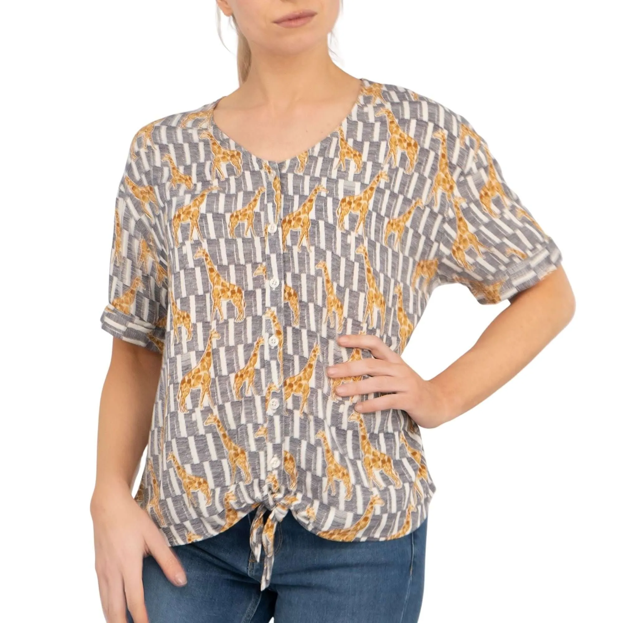 Giraffe Print Short Sleeve Relaxed Fit Tie-Knot Women's Summer Tops