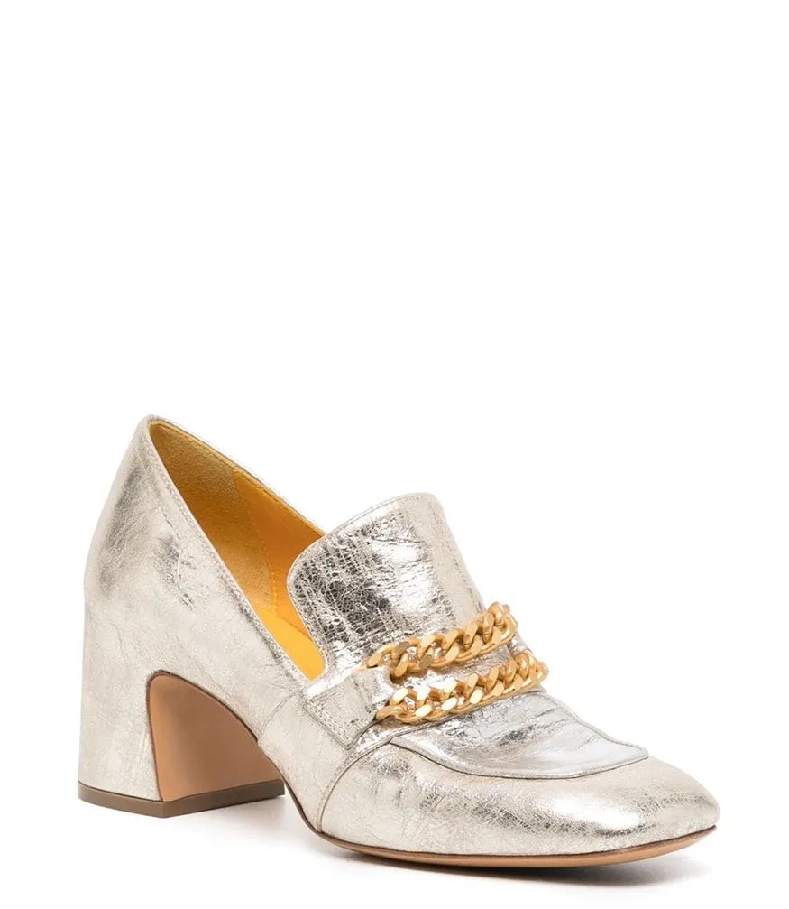 Gold/Silver Leather Mid Heel Loafer W/Chain