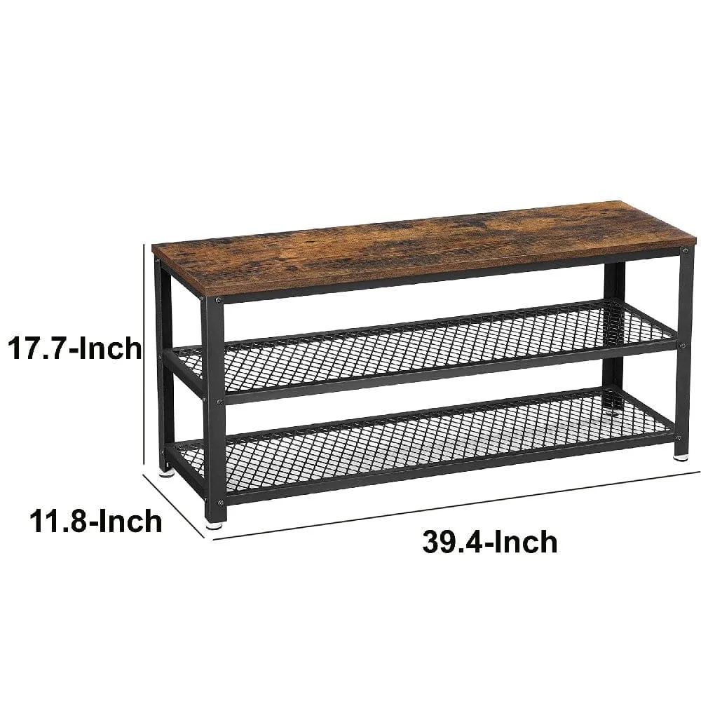 Grace 39 Inch Wood Shoe Bench and Rack, 2 Mesh Design Metal Shelves, Brown By Casagear Home