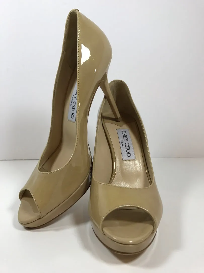 JIMMY CHOO Nude Peep Toe Patent Leather Heels New Size 38 1/2