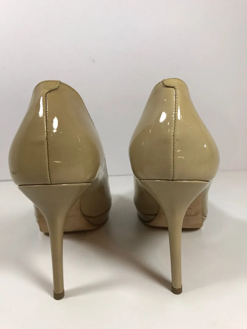 JIMMY CHOO Nude Peep Toe Patent Leather Heels New Size 38 1/2