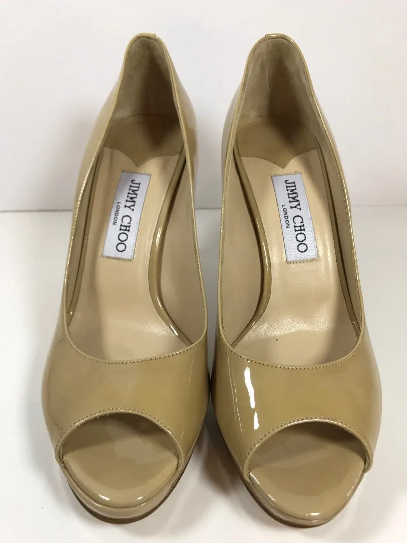 JIMMY CHOO Nude Peep Toe Patent Leather Heels New Size 38 1/2