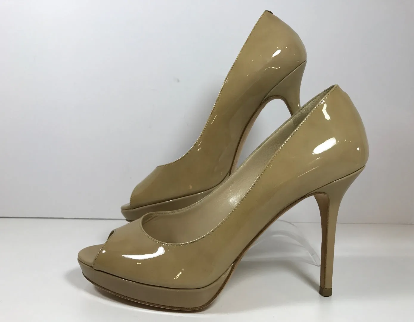 JIMMY CHOO Nude Peep Toe Patent Leather Heels New Size 38 1/2