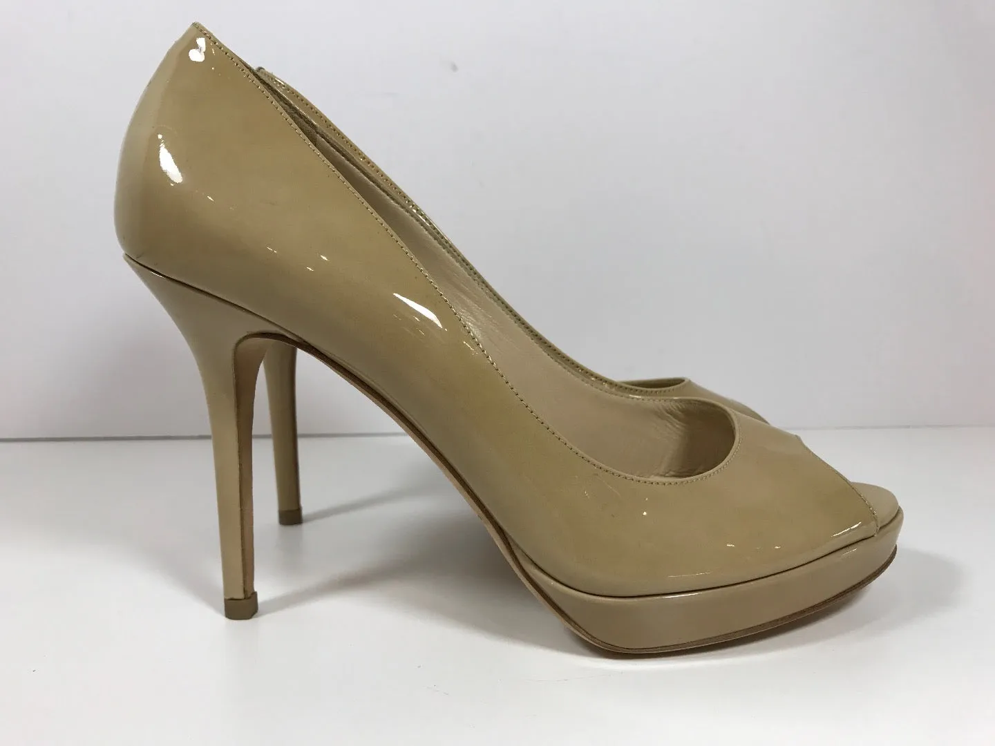 JIMMY CHOO Nude Peep Toe Patent Leather Heels New Size 38 1/2