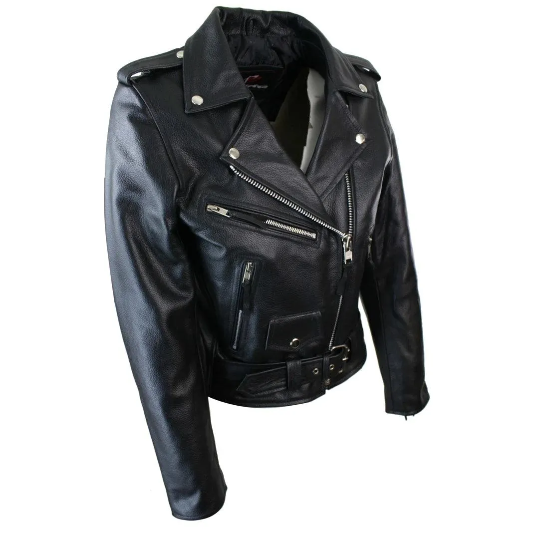 Ladies Women Classic Brando Biker Motorcycle Motorbike Hide Leather Jacket