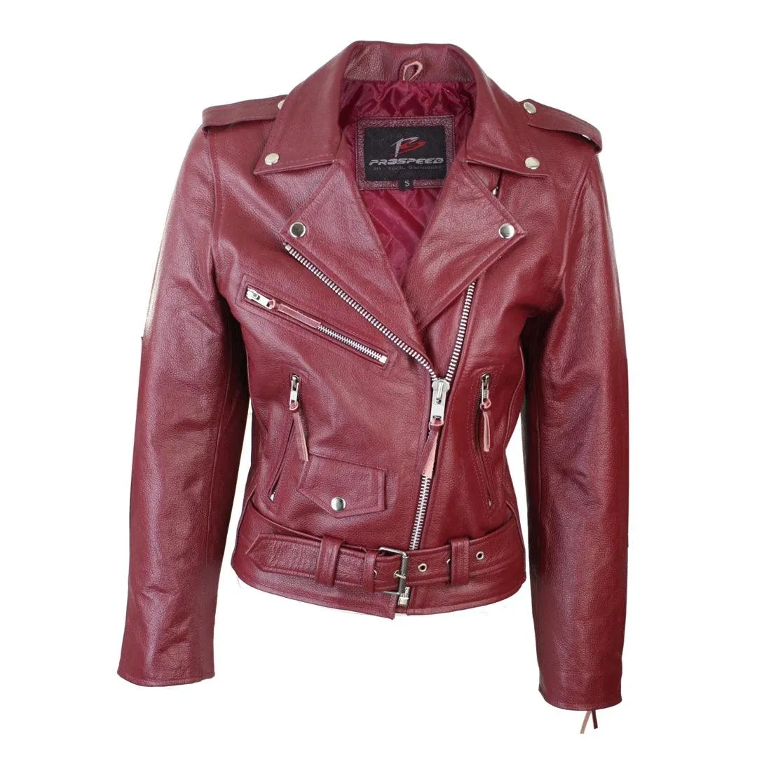 Ladies Women Classic Brando Biker Motorcycle Motorbike Hide Leather Jacket