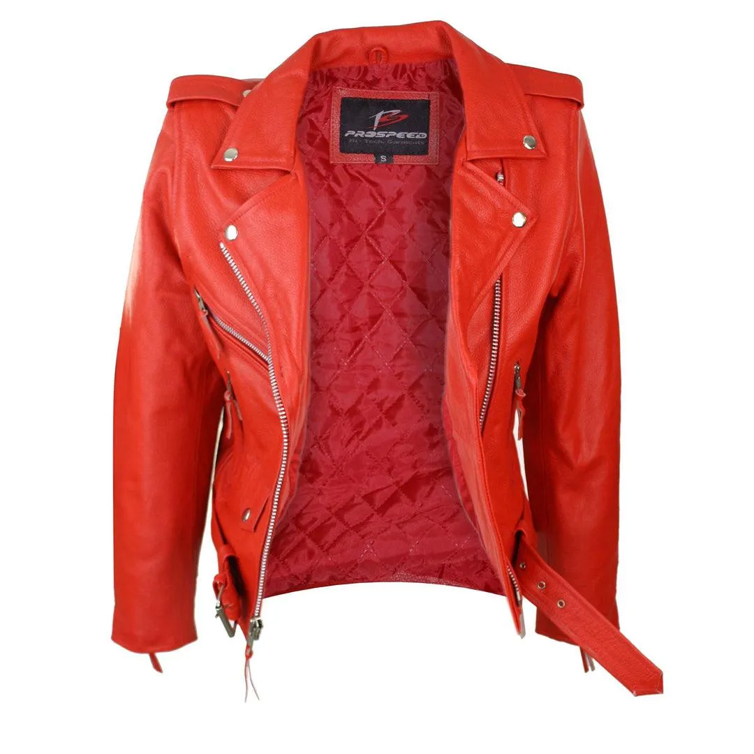 Ladies Women Classic Brando Biker Motorcycle Motorbike Hide Leather Jacket