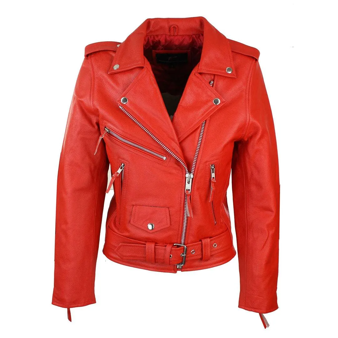 Ladies Women Classic Brando Biker Motorcycle Motorbike Hide Leather Jacket