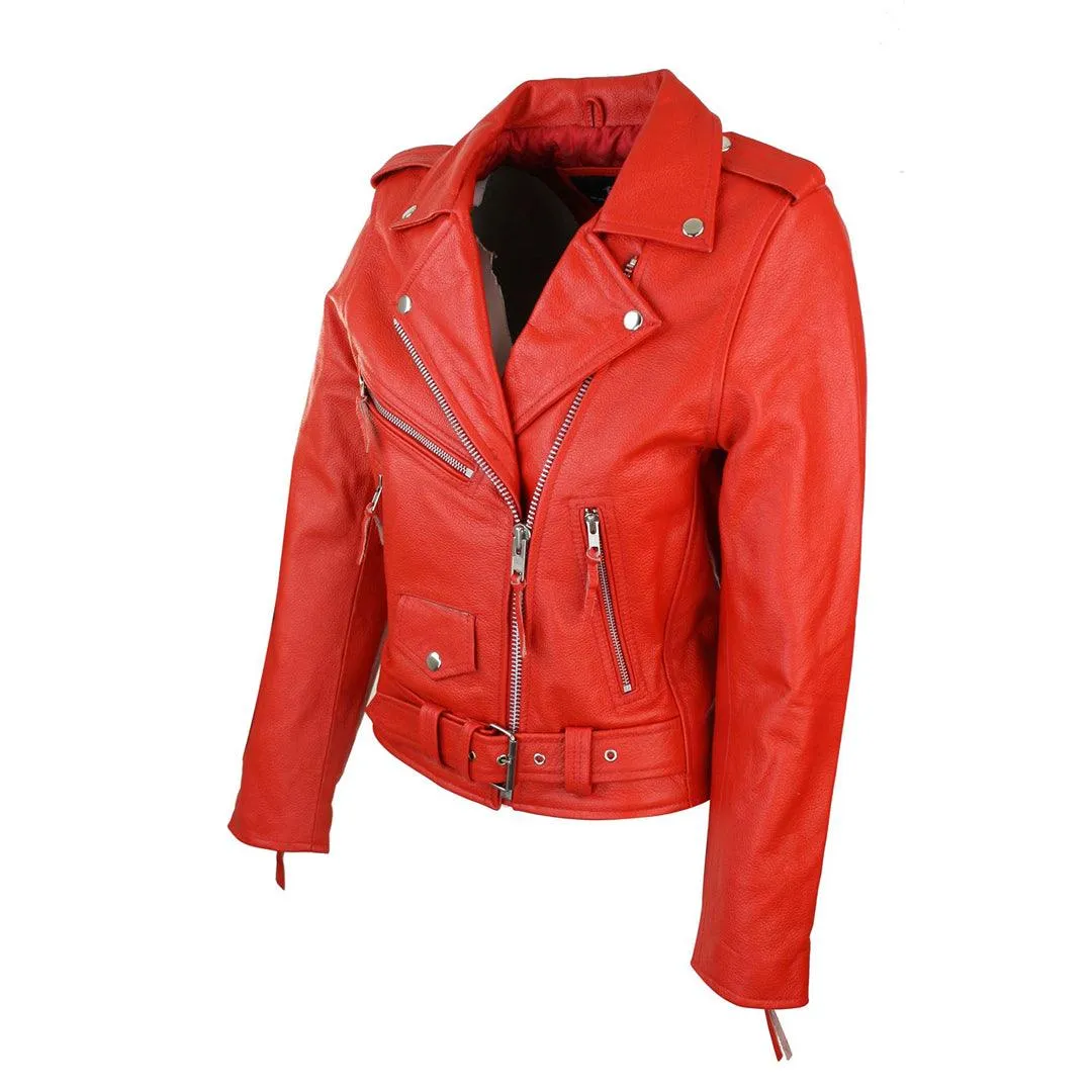 Ladies Women Classic Brando Biker Motorcycle Motorbike Hide Leather Jacket