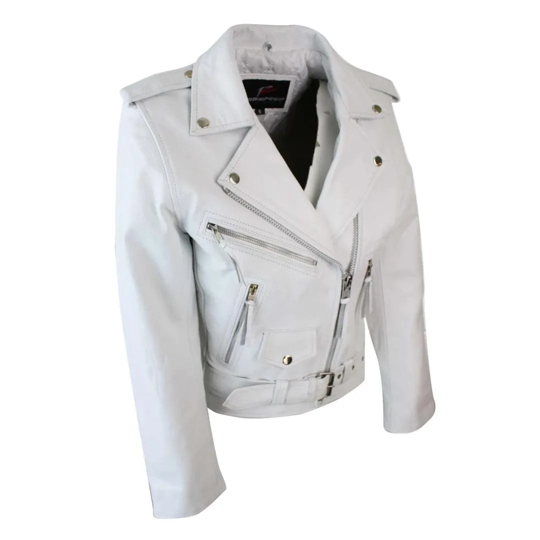 Ladies Women Classic Brando Biker Motorcycle Motorbike Hide Leather Jacket