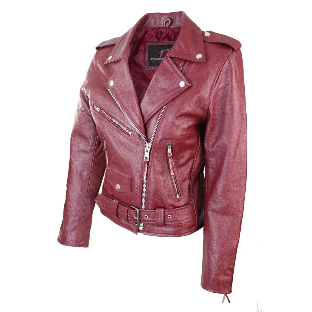 Ladies Women Classic Brando Biker Motorcycle Motorbike Hide Leather Jacket