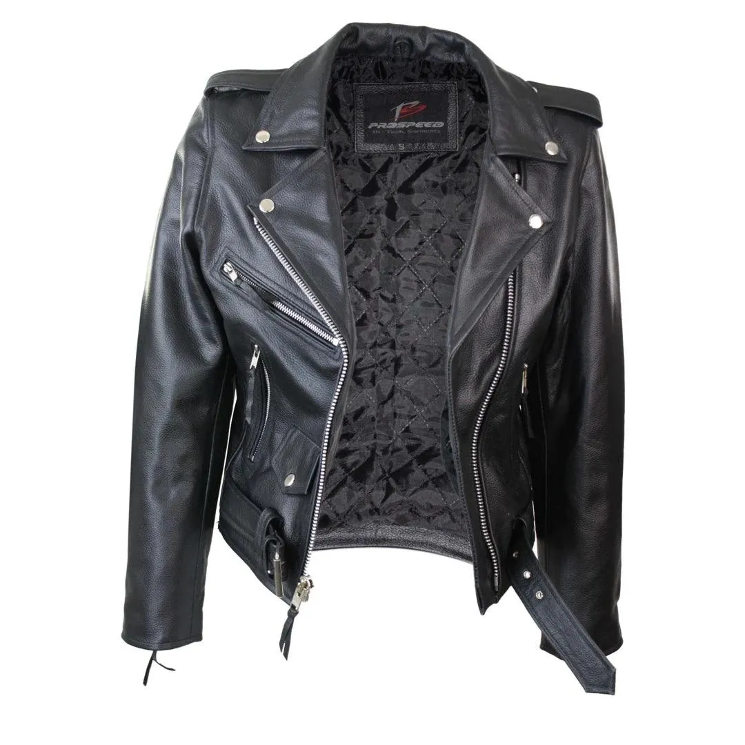 Ladies Women Classic Brando Biker Motorcycle Motorbike Hide Leather Jacket