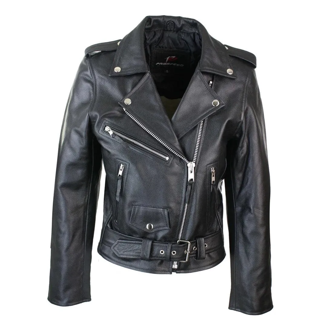 Ladies Women Classic Brando Biker Motorcycle Motorbike Hide Leather Jacket