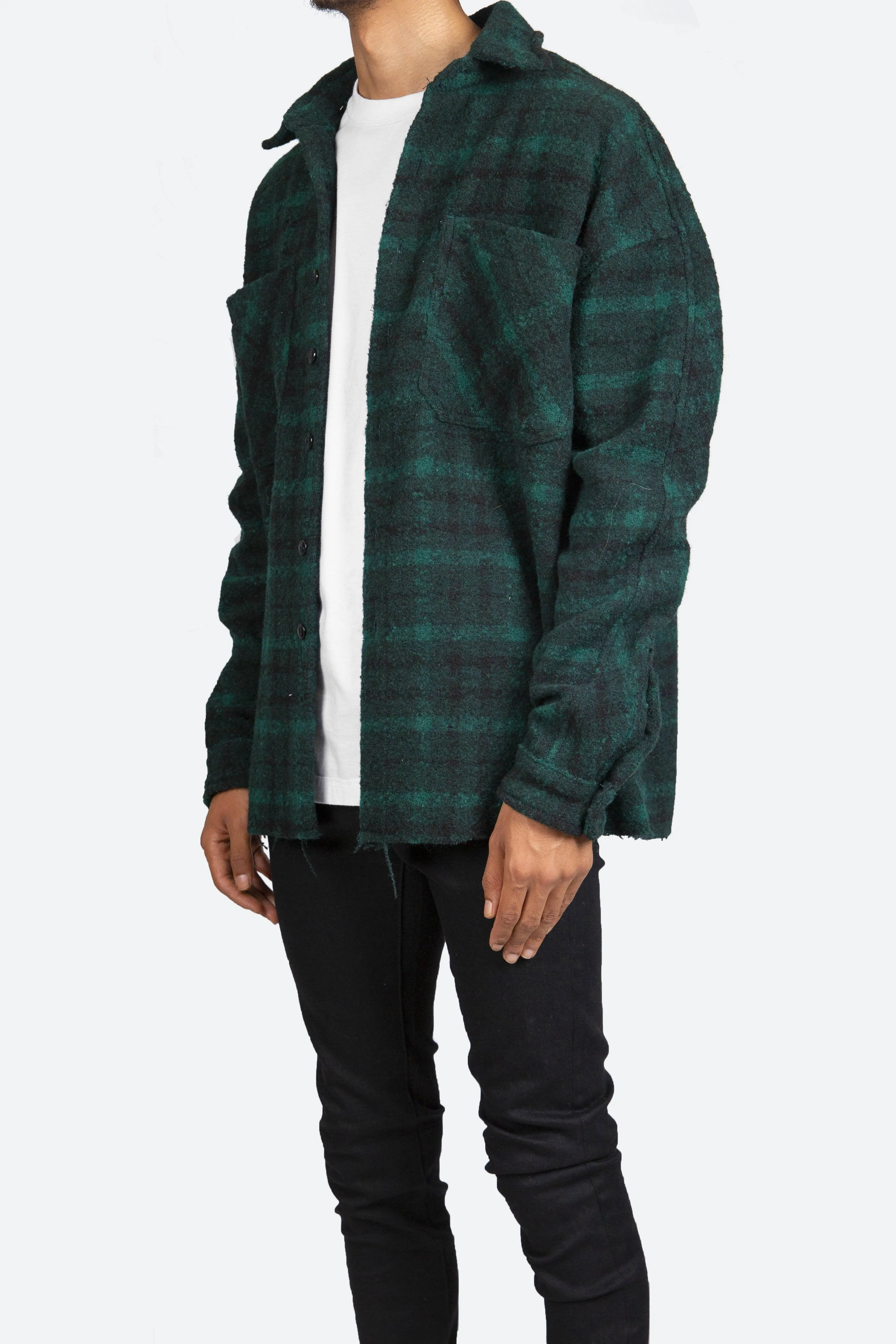 Loose Woven Flannel Shirt - Navy/Green