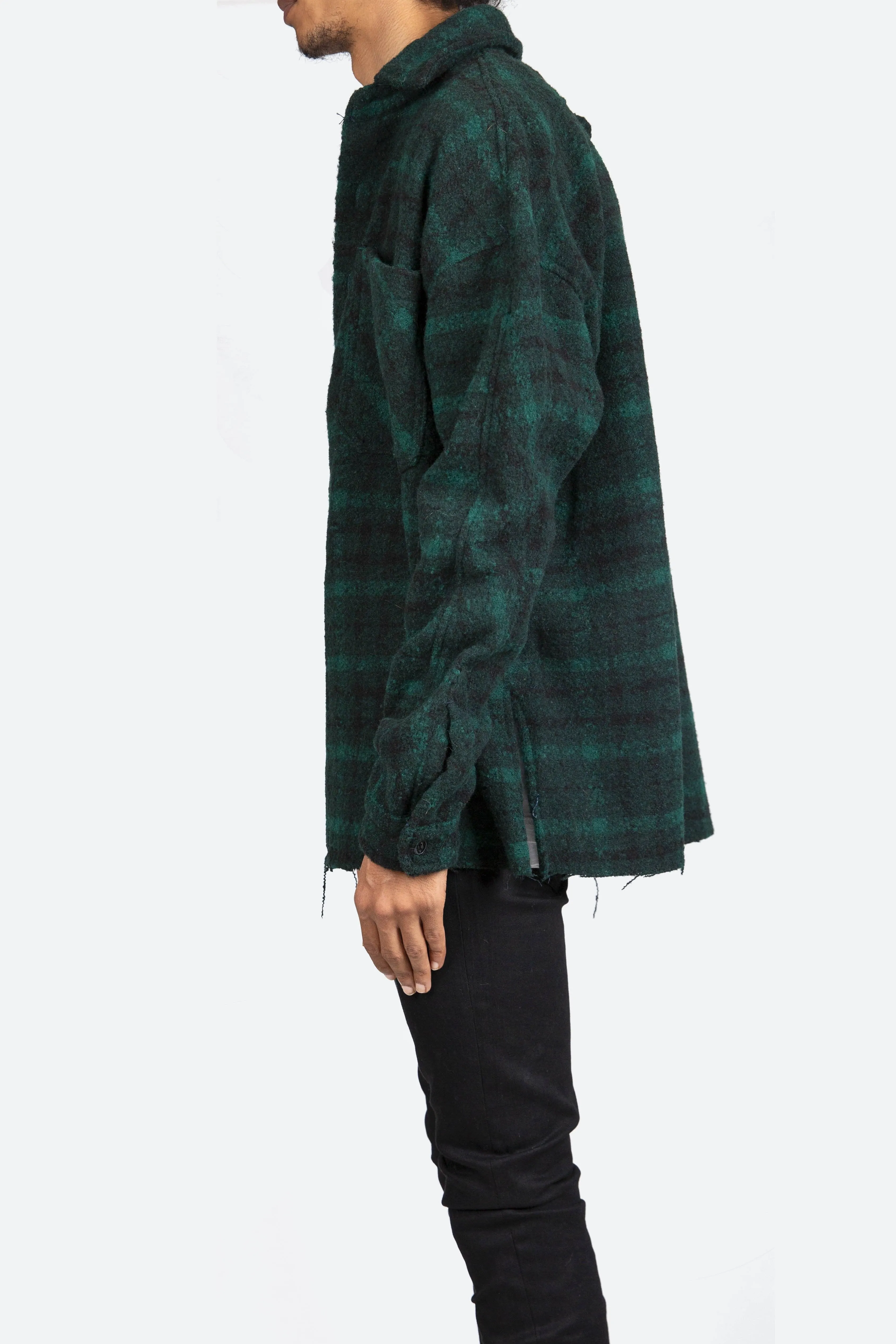 Loose Woven Flannel Shirt - Navy/Green