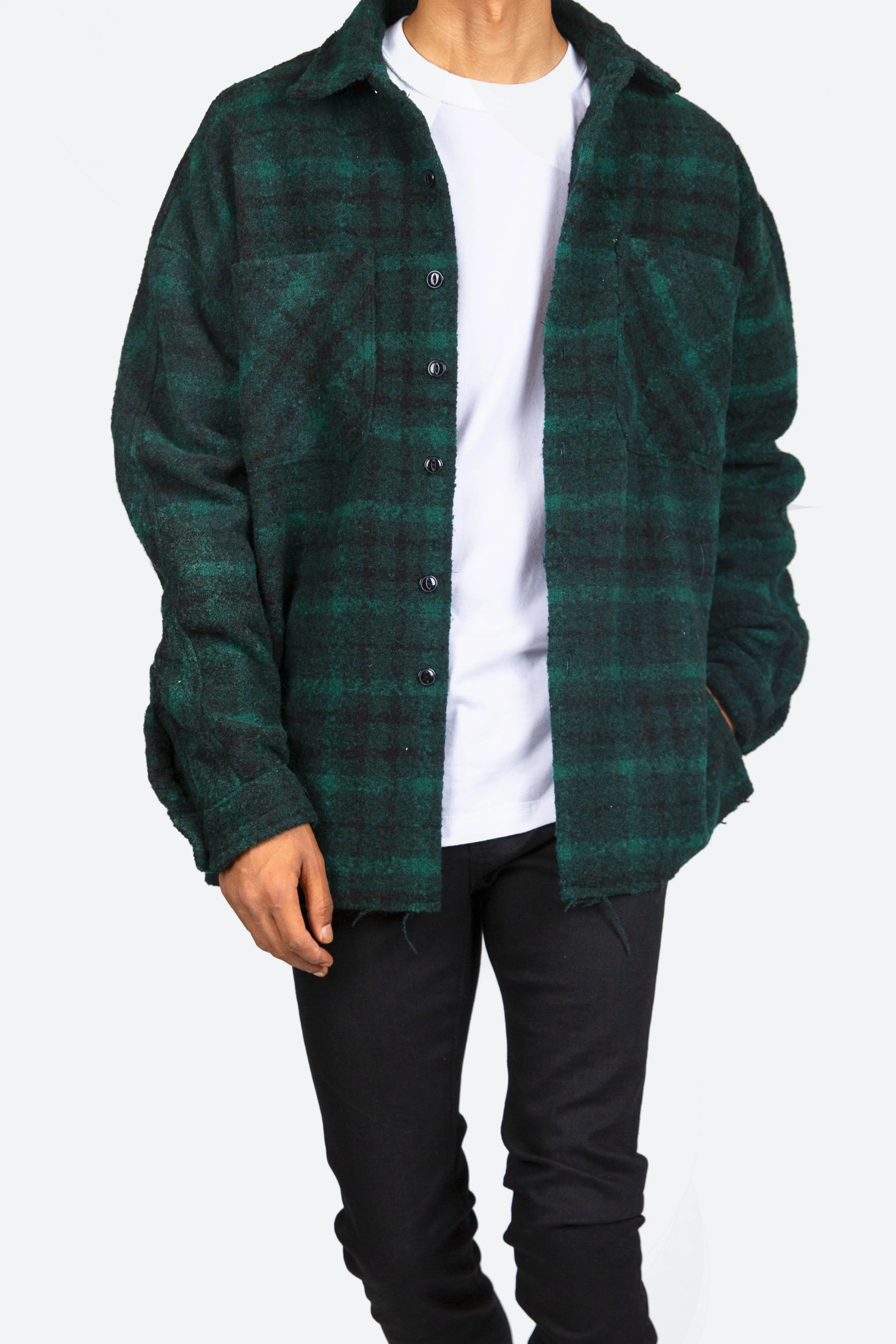 Loose Woven Flannel Shirt - Navy/Green