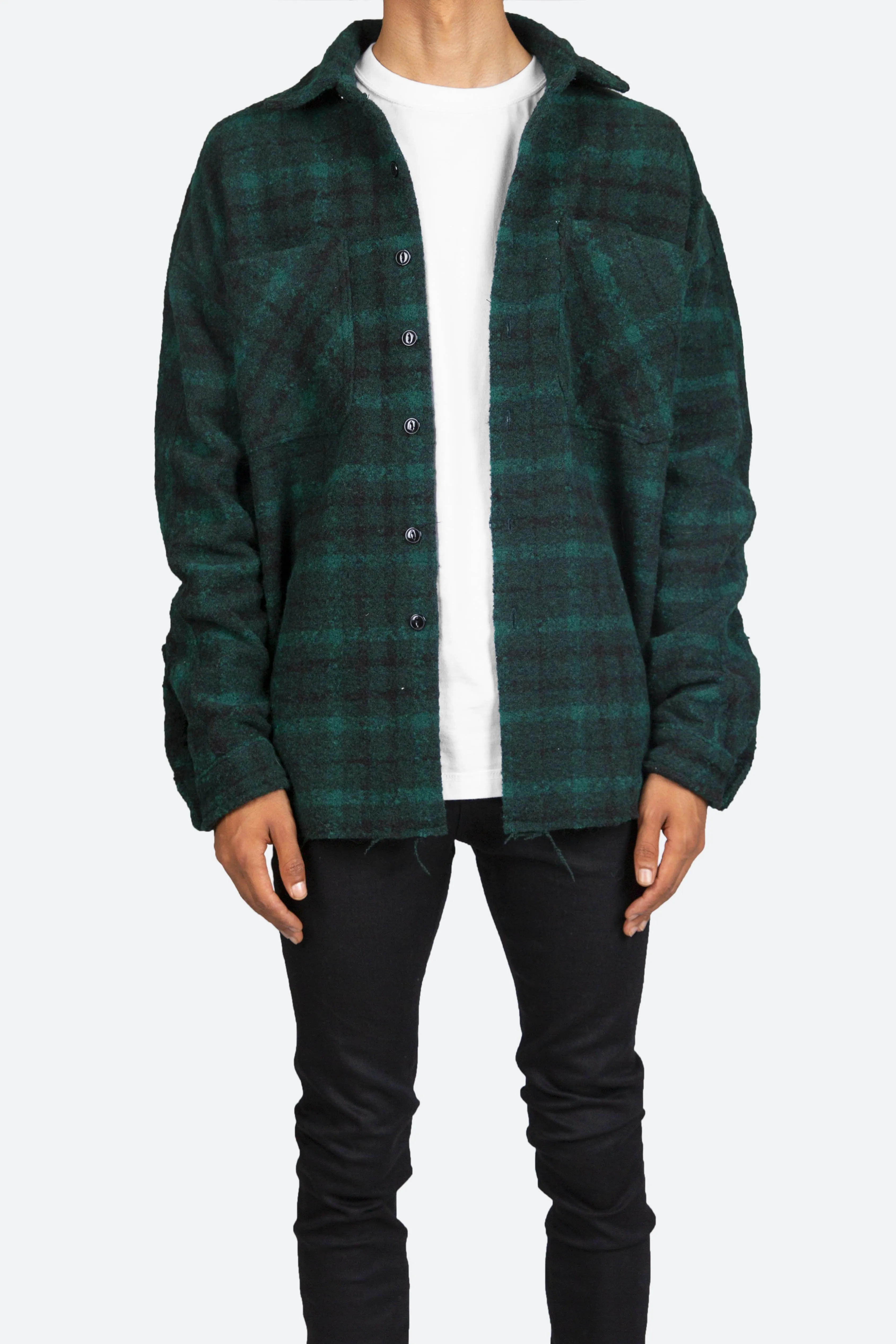 Loose Woven Flannel Shirt - Navy/Green