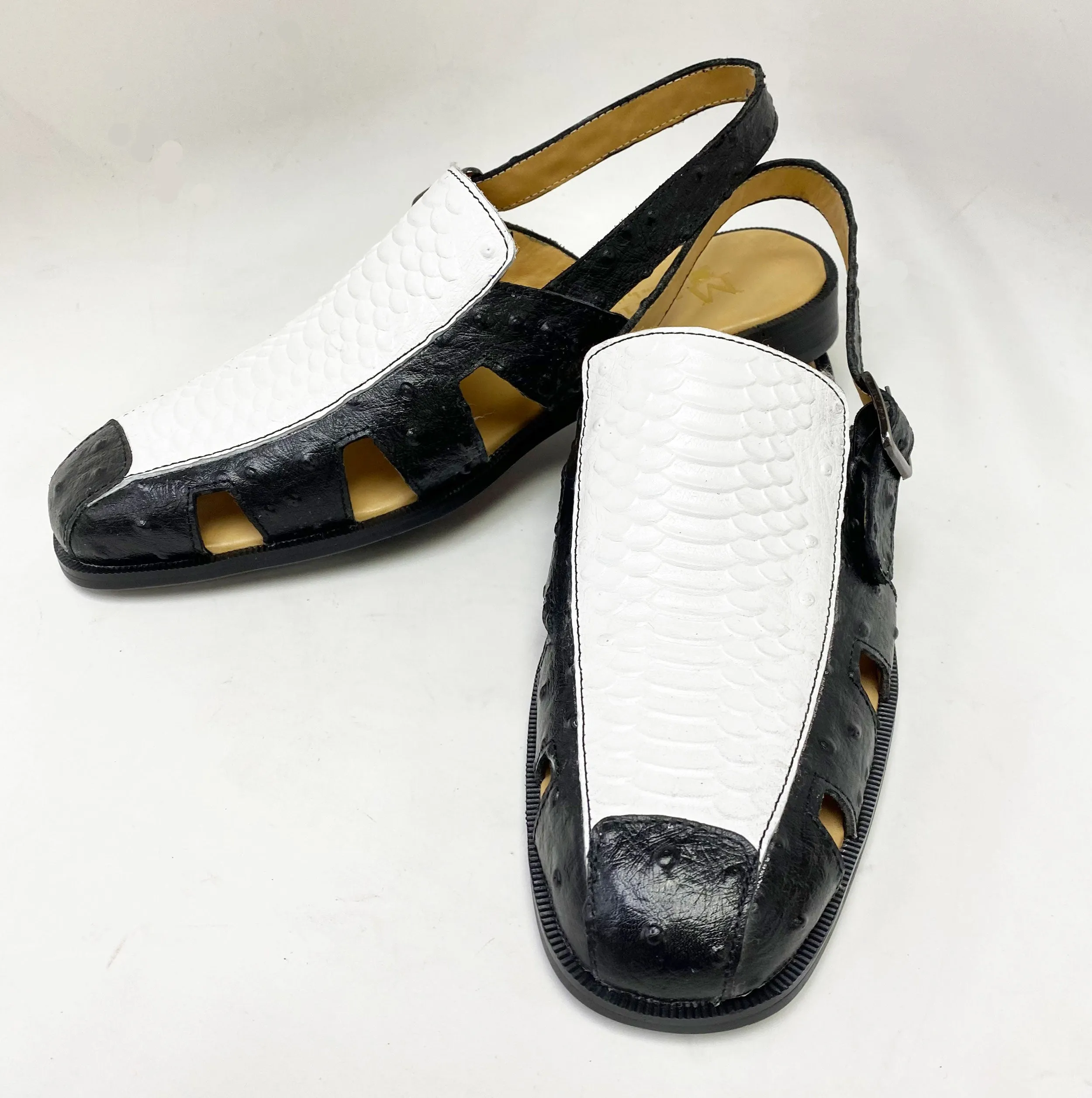 Maurice Embossed Calfskin Slip-On Back-Strap Sandal Black/White