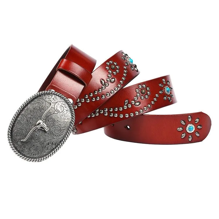 Men's Gothic Ox-head Floral Studded Belt