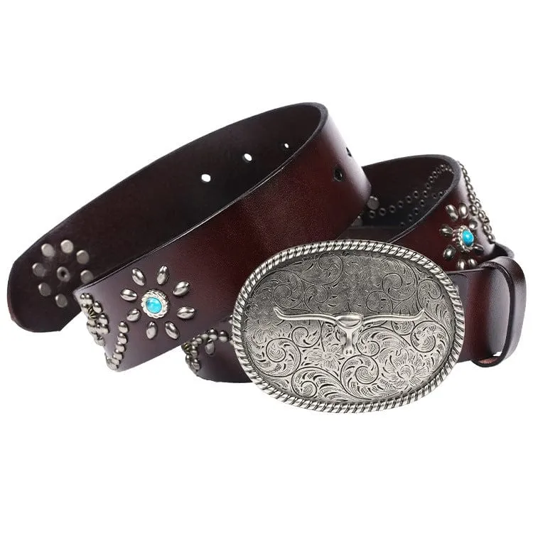 Men's Gothic Ox-head Floral Studded Belt