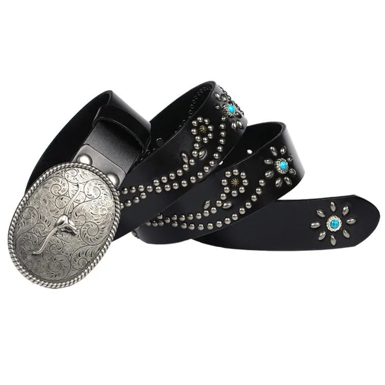 Men's Gothic Ox-head Floral Studded Belt