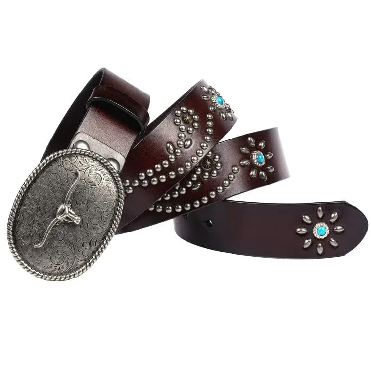 Men's Gothic Ox-head Floral Studded Belt