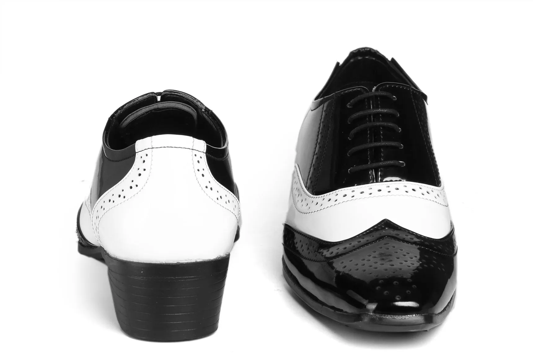 Men's Height Increasing Black and White Faux Leather Mafia Oxford Brogue Lace-Up Shoes