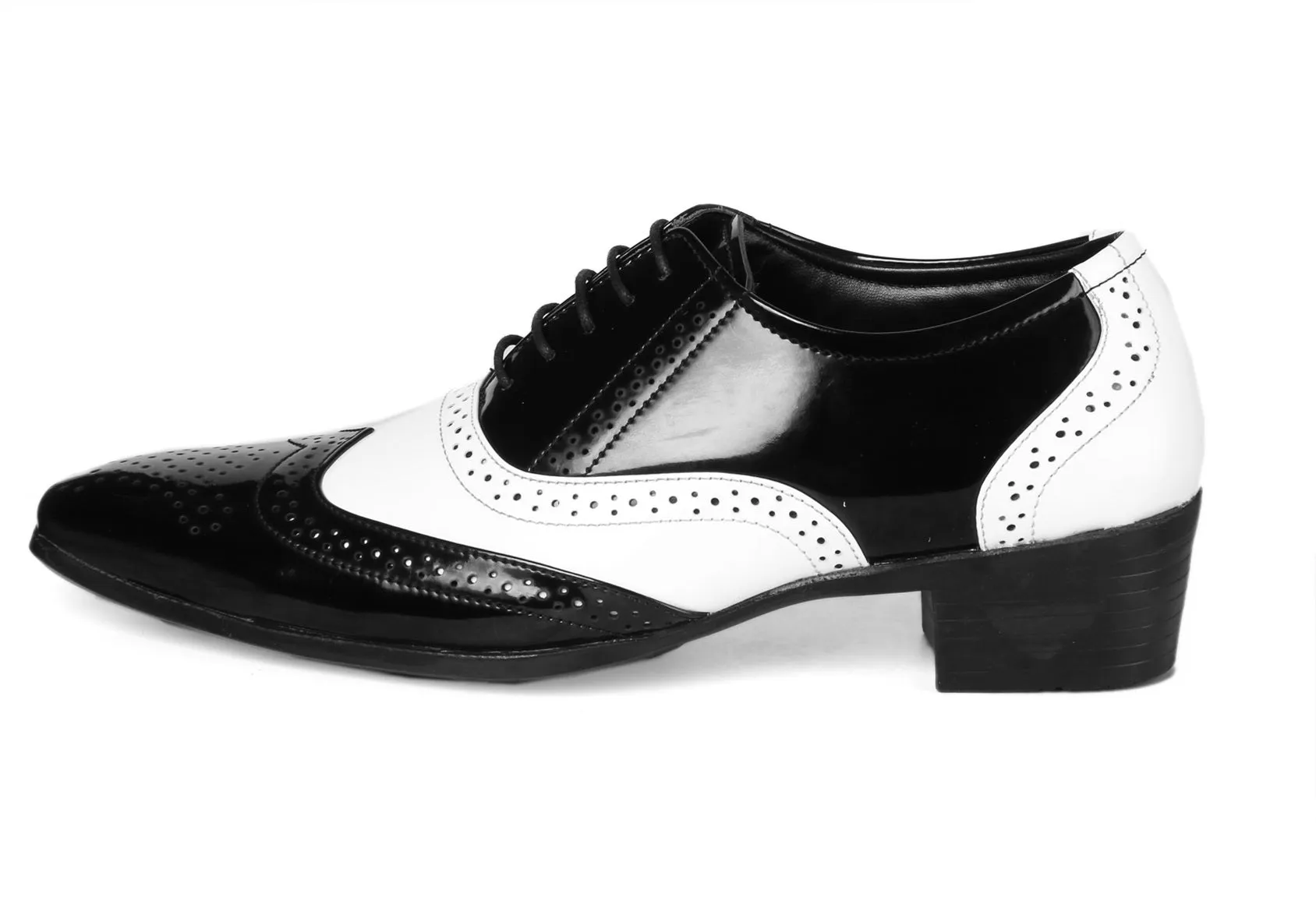 Men's Height Increasing Black and White Faux Leather Mafia Oxford Brogue Lace-Up Shoes