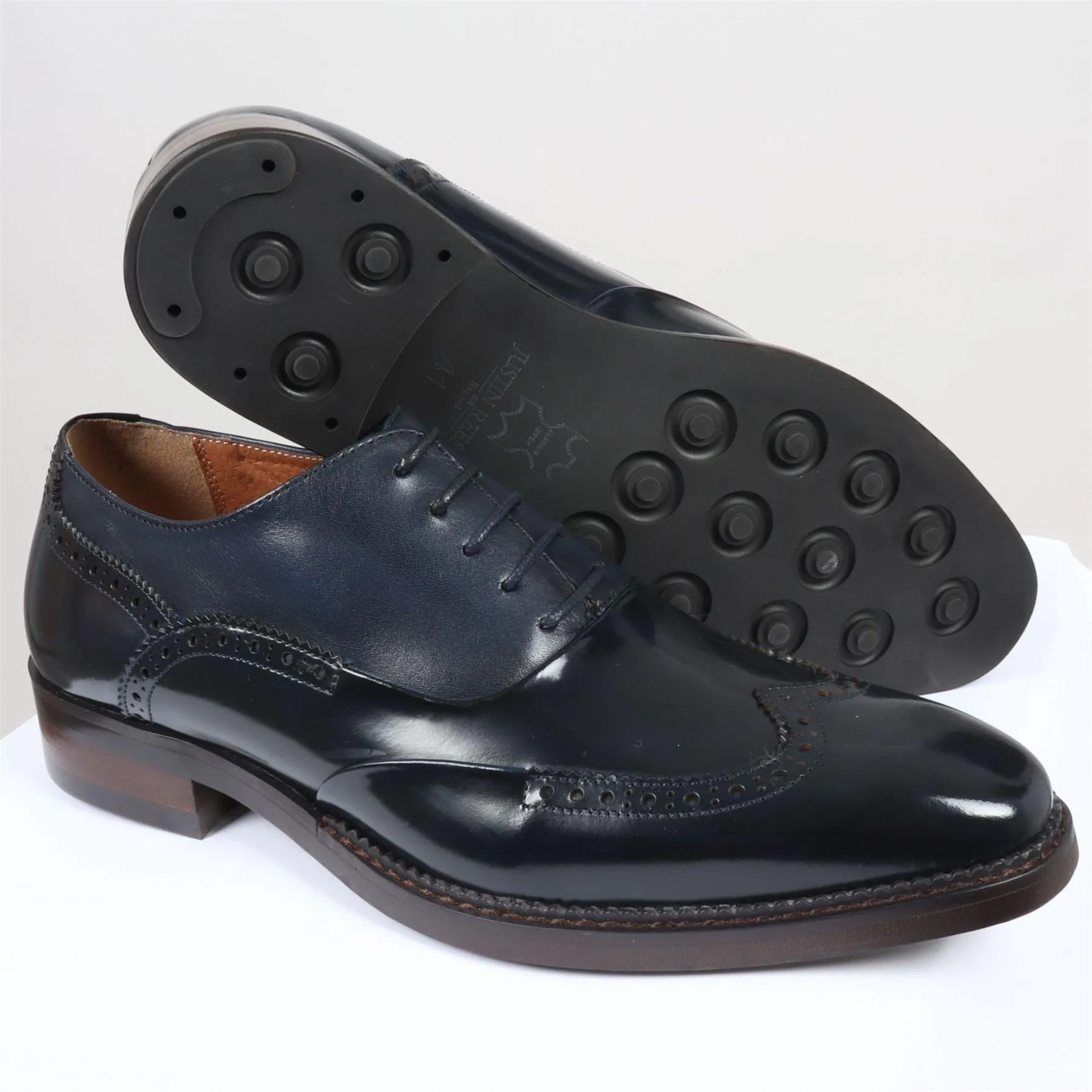 Men's Shoes Navy Blue Patent Leather Lace Up Brogue Formal Dress Shoe