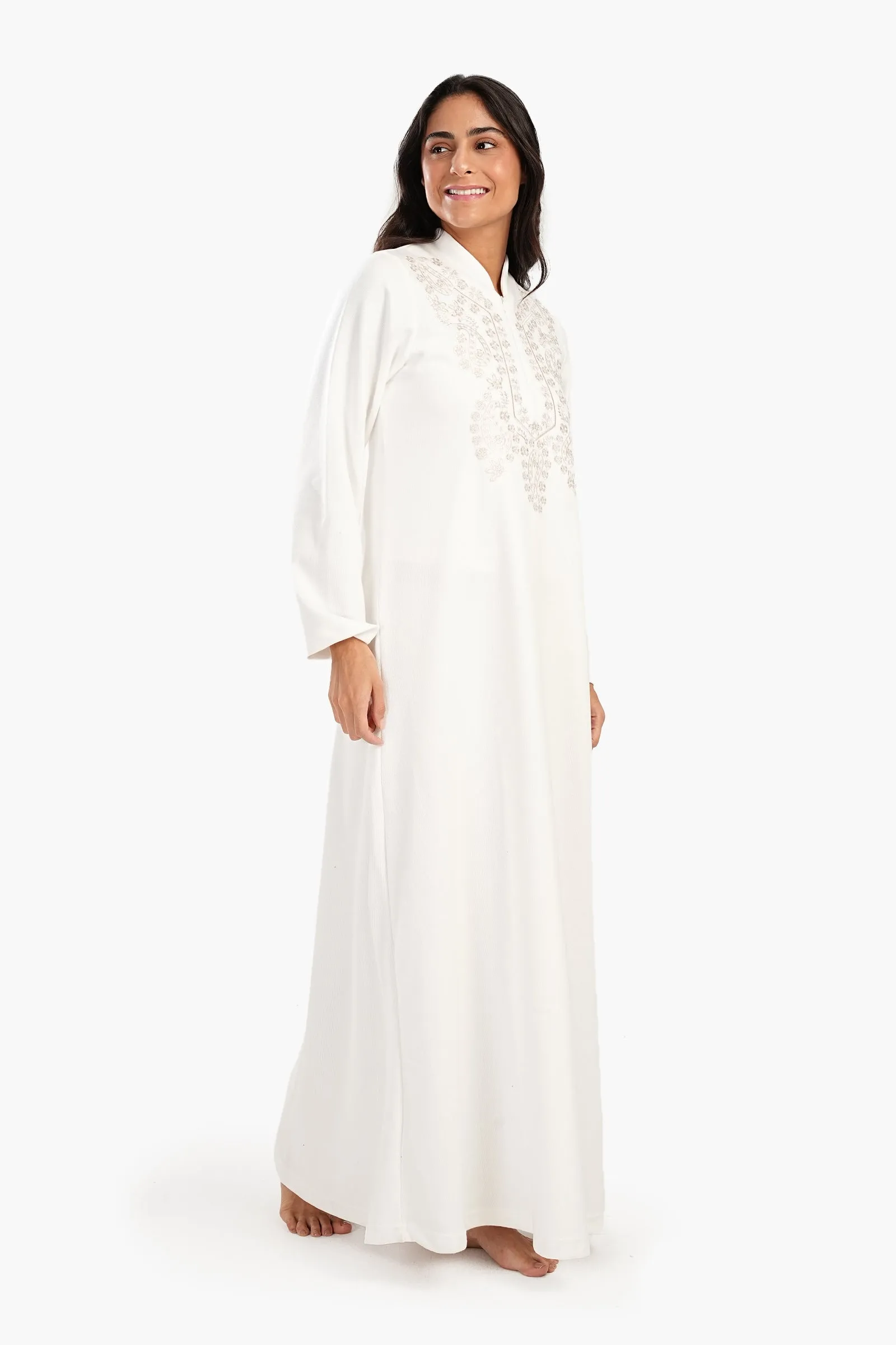 Off White Stand Collar Nightgown